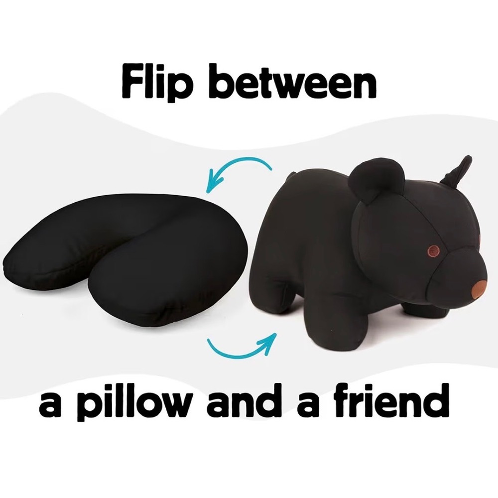 Kikkerland Zip & Flip Travel Pillow – Micro Bead Head Rest  Black Bear